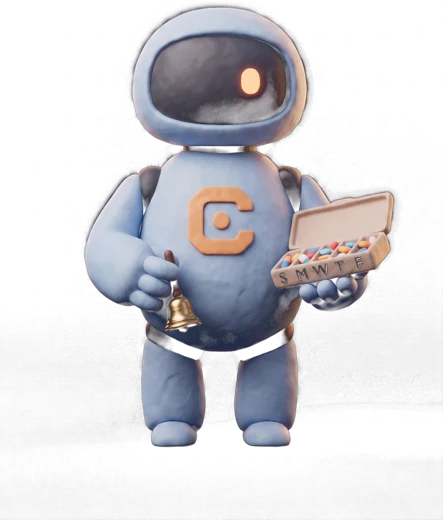 Blue Cleo holding a pill organiser and a bell