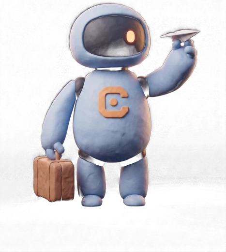 Blue Cleo with a suitcase and a paper plane