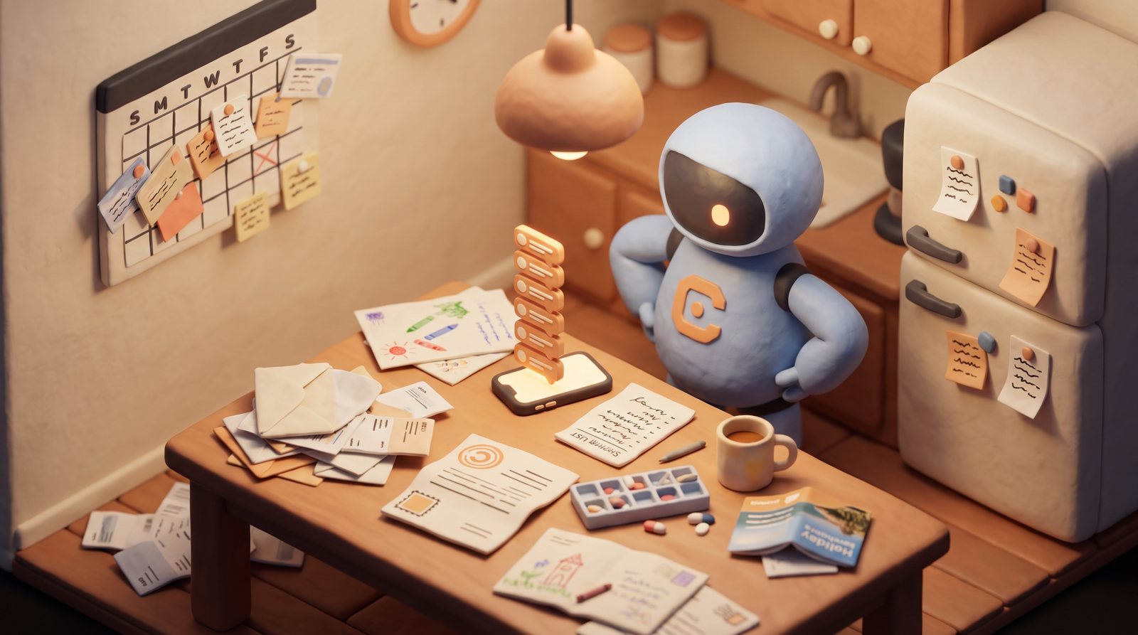 A kitchen table buried in bills, school letters and a buzzing phone