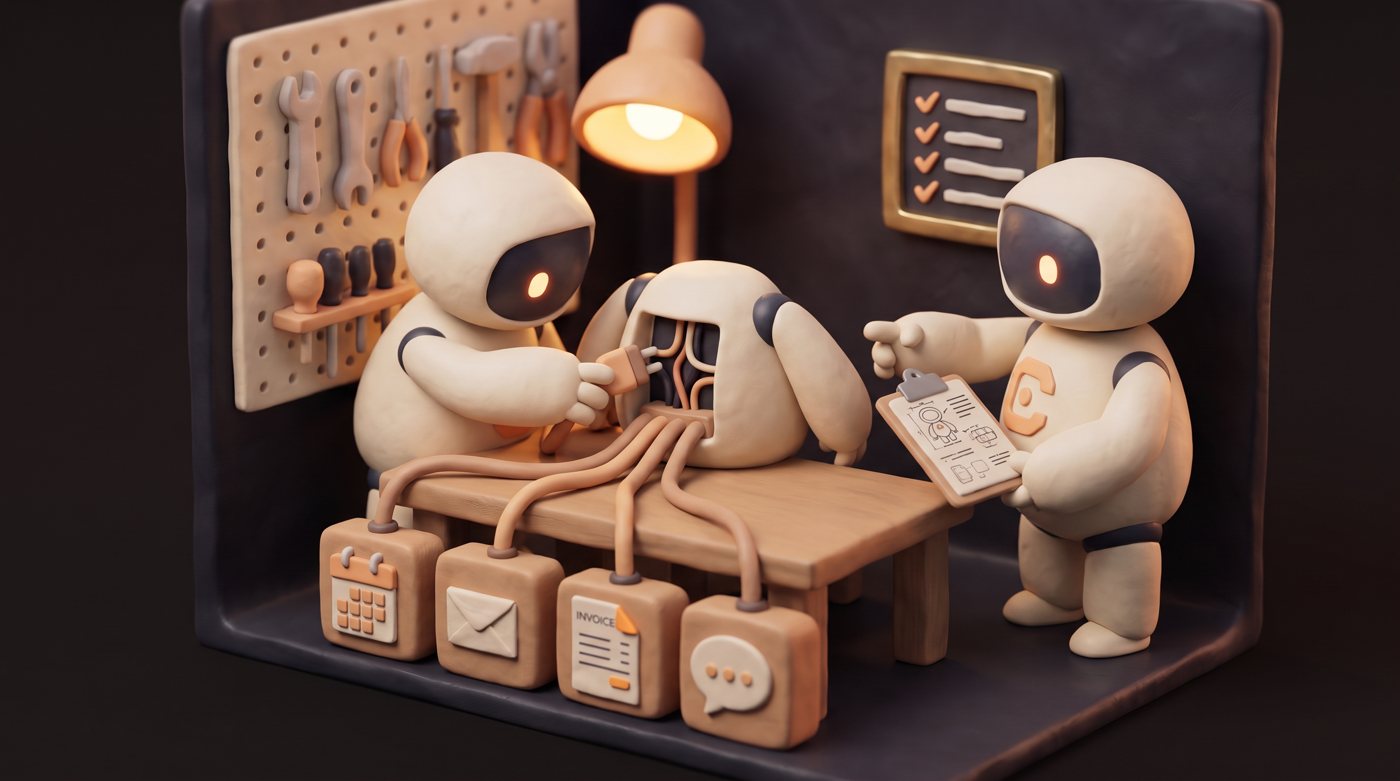 Two Cleo agents at a workbench wiring a new Cleo to calendar, inbox, invoice and chat