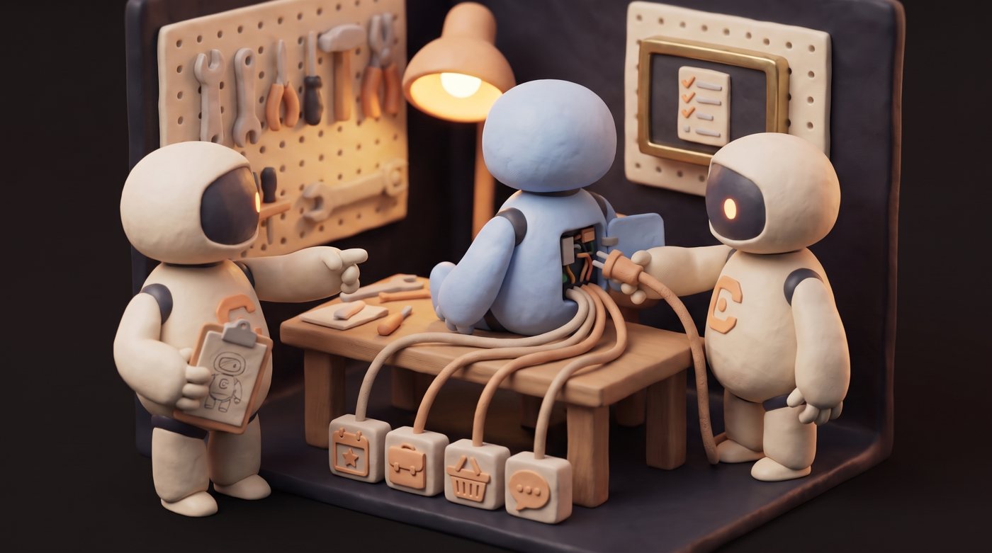 Two Cleo agents wiring the blue Cleo to the family calendar, school, shopping and chat